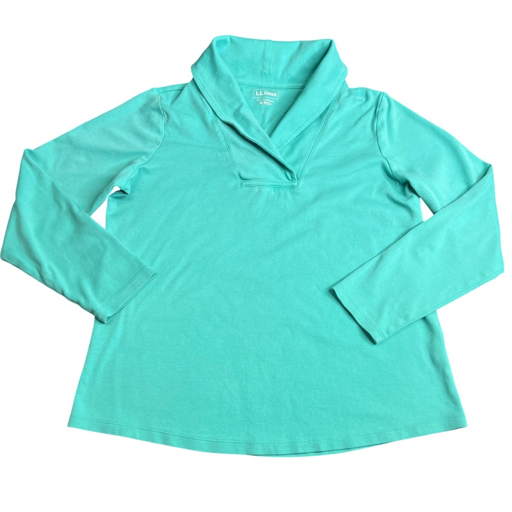 LL Bean Womens Turquoise Cotton Shawl Collar Pullover Top M REG